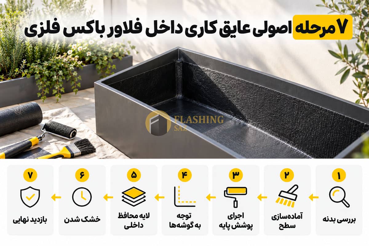 عایق کاری داخل فلاور باکس فلزی؛ مواد مناسب و روش اجرای اصولی 2 7 مرحله اصولی عایق کاری داخل فلاور باکس فلزی