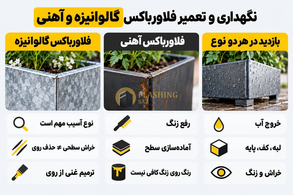 فلاور باکس گالوانیزه یا آهنی؛ کدام برای فضای باز بهتر است؟ 2 نگهداری و قابلیت تعمیر فلاور باکس گالوانیزه و آهنی